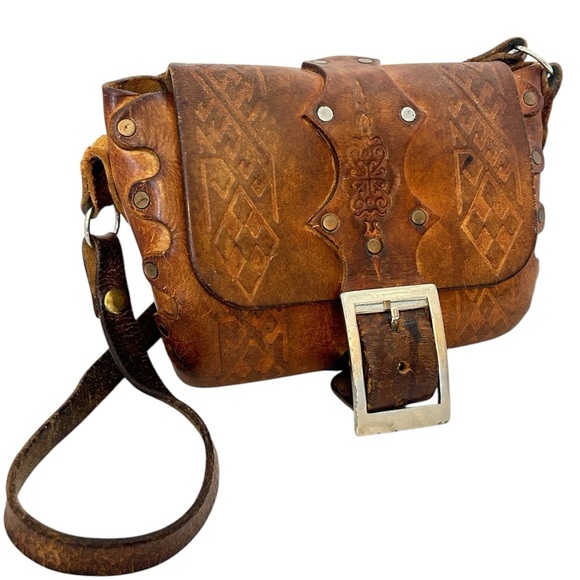 VINTAGE 60-70s Handmade Hand Tooled Brown Leather Boho Western Shoulder Bag - Picture 1 of 13